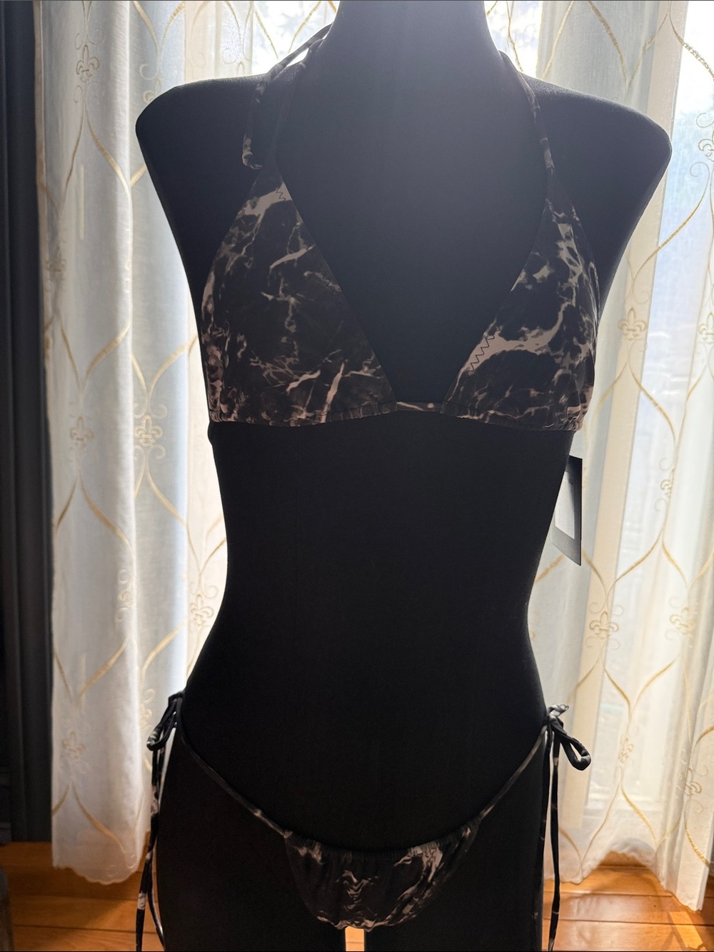 Marble-Print Black & White Triangle Bikini Top and Tie-Side Bottom